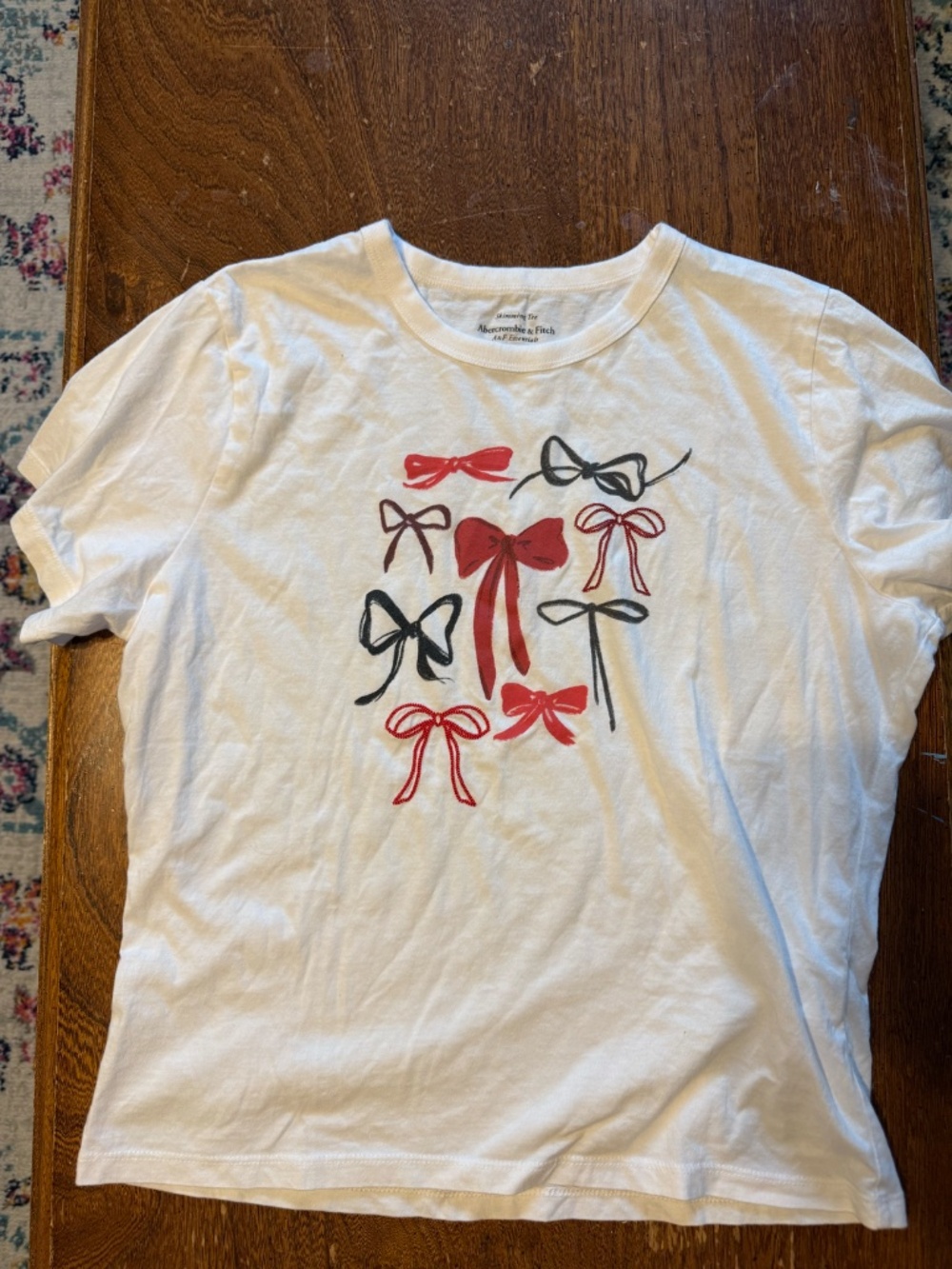 Abercrombie & Fitch White Tee with Red and Black Bow Motif
